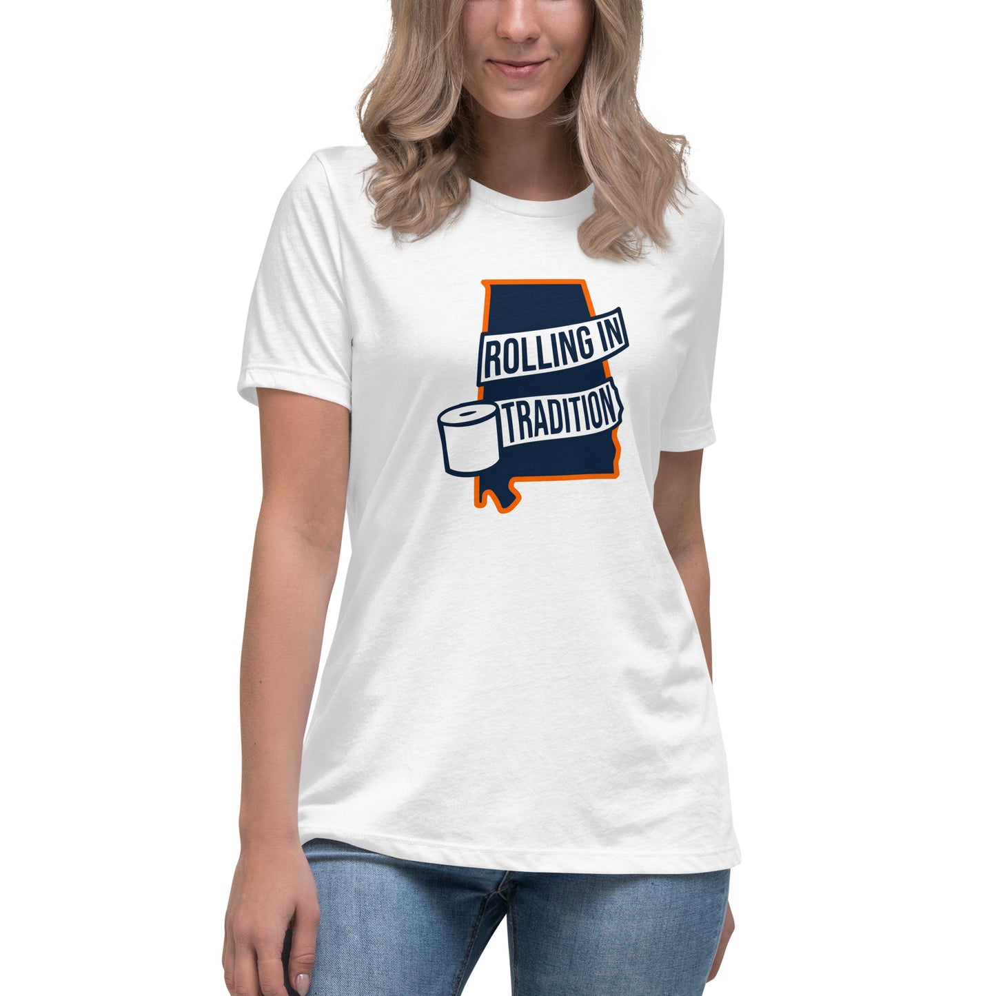 Women's White Bella T-shirt - Rolling in Tradition State Logo